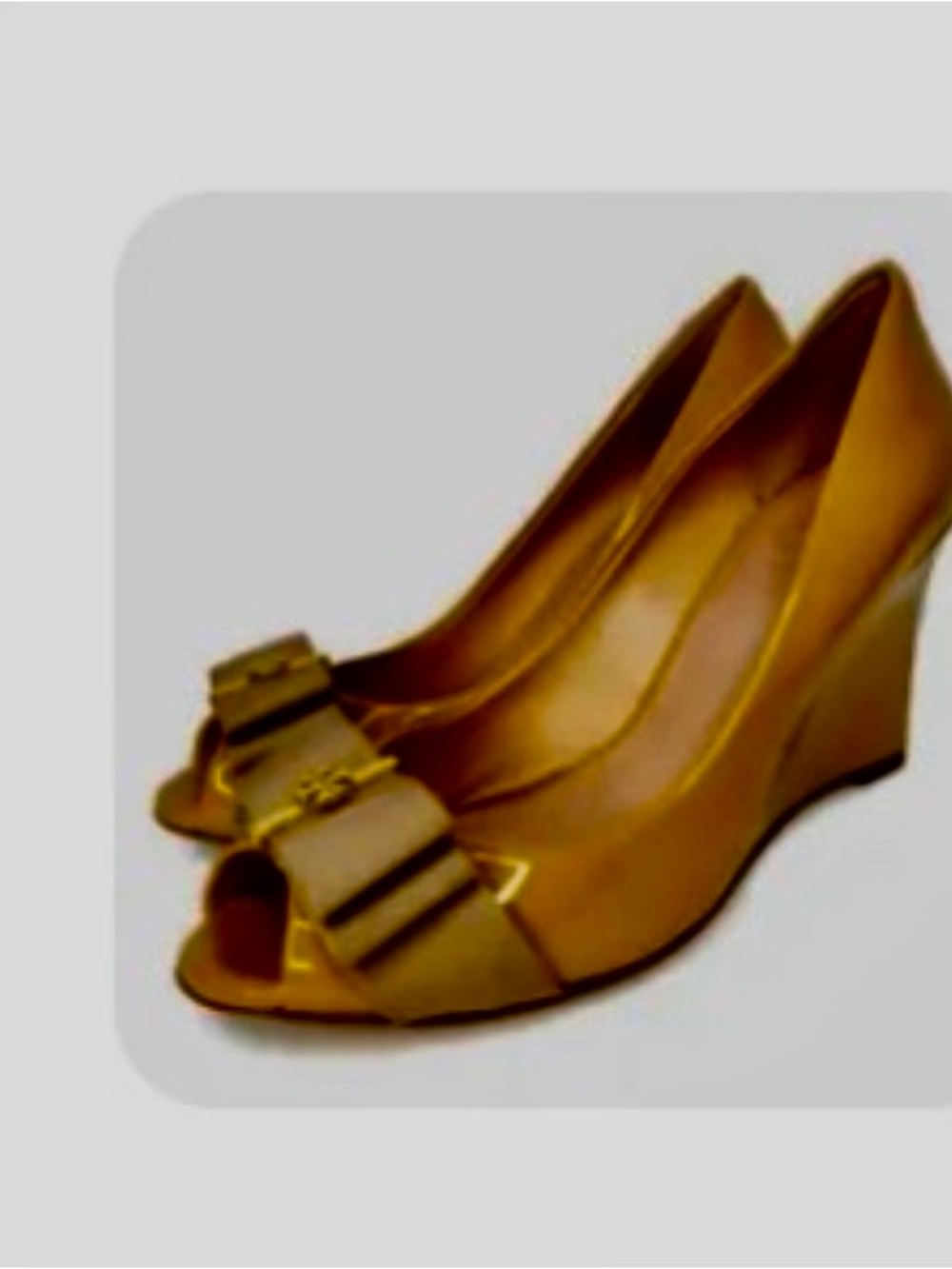 Tory Burch Tan Peep-Toe Wedge with Bow and Gold Logo
